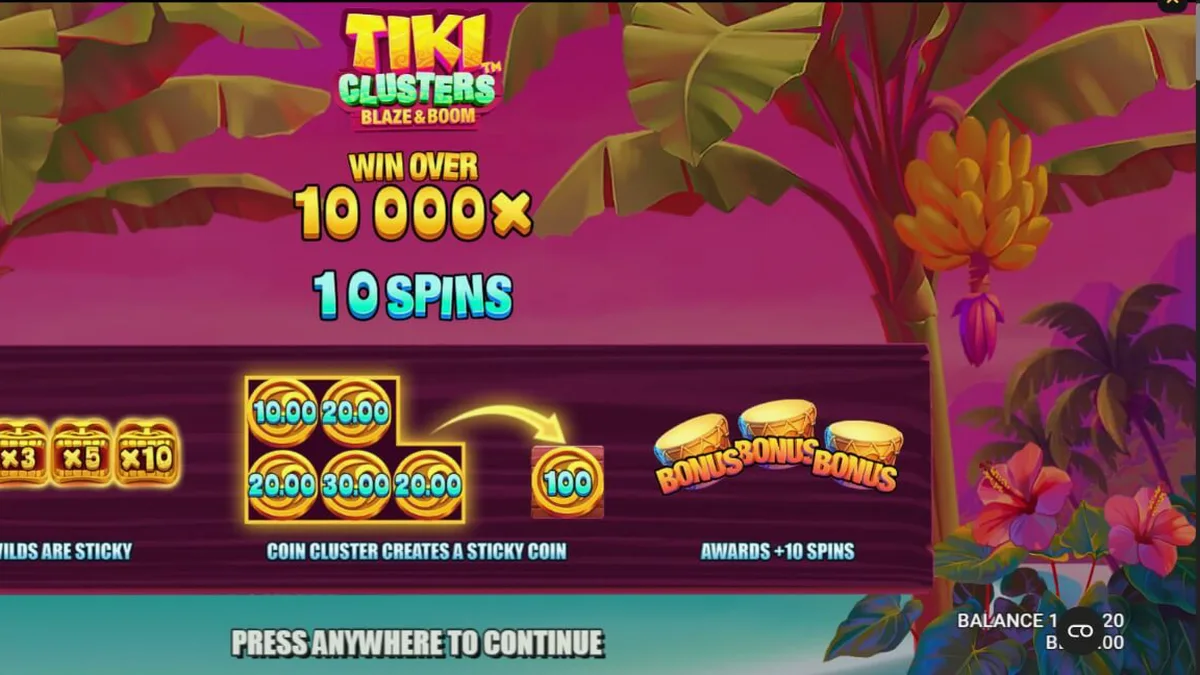 Tiki Clusters Blaze & Boom slot game interface with tropical theme